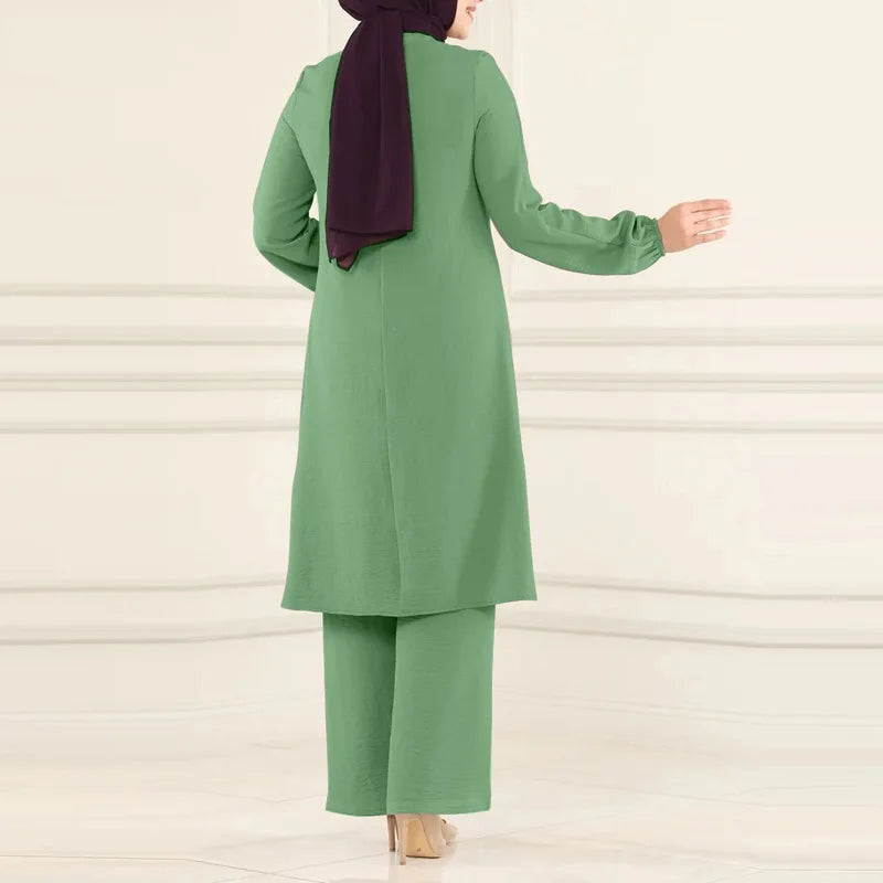 Islamic Fashion Clothing Suits for Women Spring Autumn Solid Color Elegant Abaya Long-sleeved Shirt Loose Wide-leg Pant Muslim