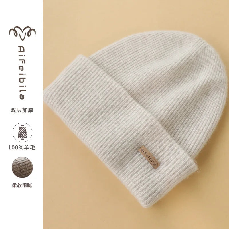 100% Merino Wool Double-Sided Beanie for Men Women Thick Soft Warm Winter Skull Caps Solid Color Knitted Beanies Hat