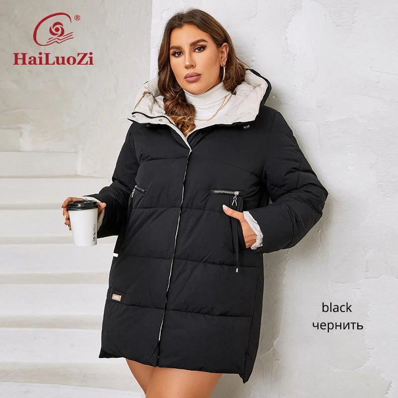 HaiLuoZi 2023 New Plus Size Women Winter Jacket XL-6XL Thick Female Outwear Slant Pockets High-quality Quilted Women's Coat 1115