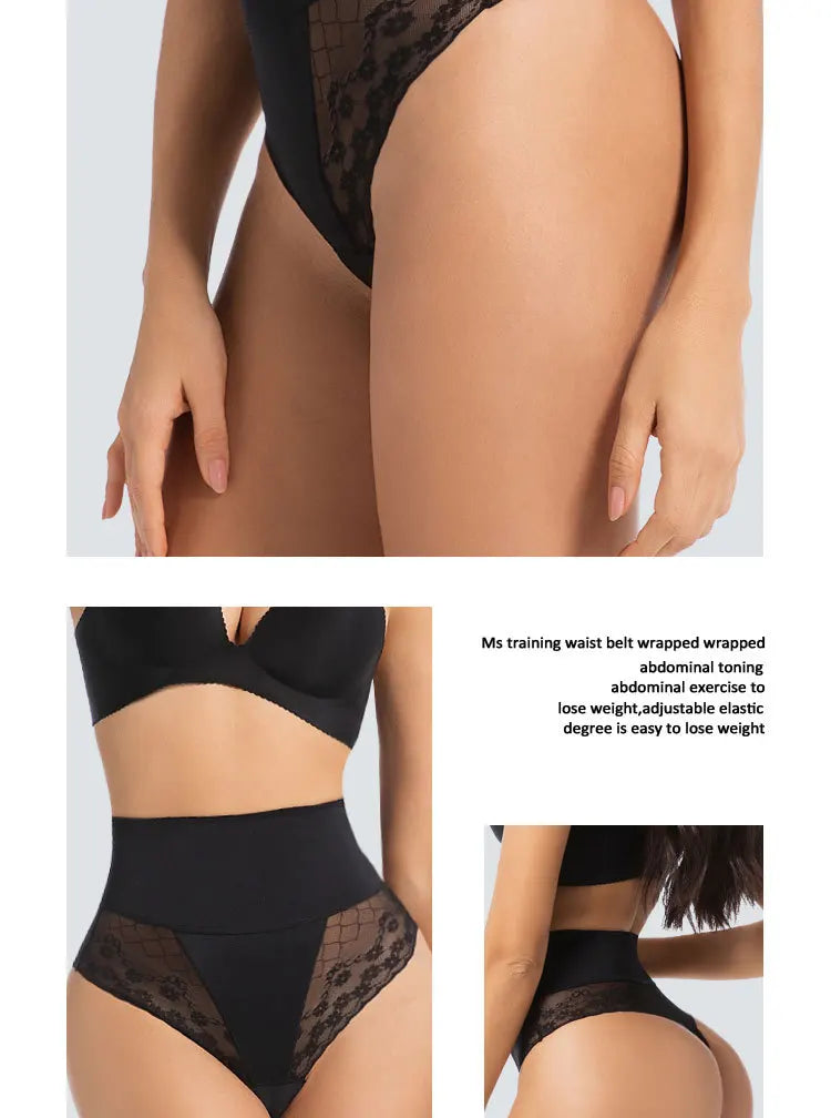 High Waist Tummy Control Women Seamless Panties Sexy Flroal Lace Splicing Thongs Tight Elastic Breathable Soft Lingerie
