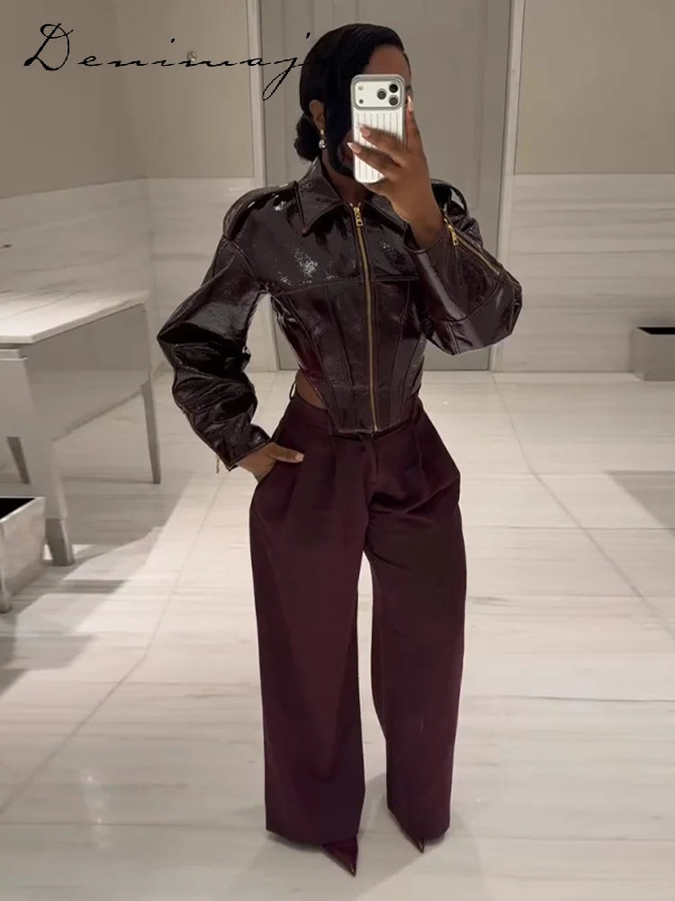 Fashion Lapel Leather Jacket Women's Full Sleeve Slim Solid Zippers Coat 2026 Spring New Lady Edgy Casual High Street Outerwear