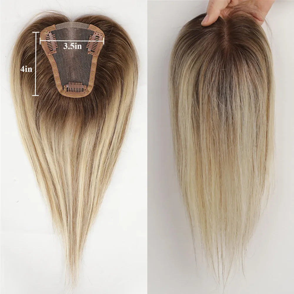 100% Real Human Hair Toppers for Women Ombre Brown Blonde Hair Topper 3.5*4 inch Lace Base Clip in Hair Extensions for Hair Loss