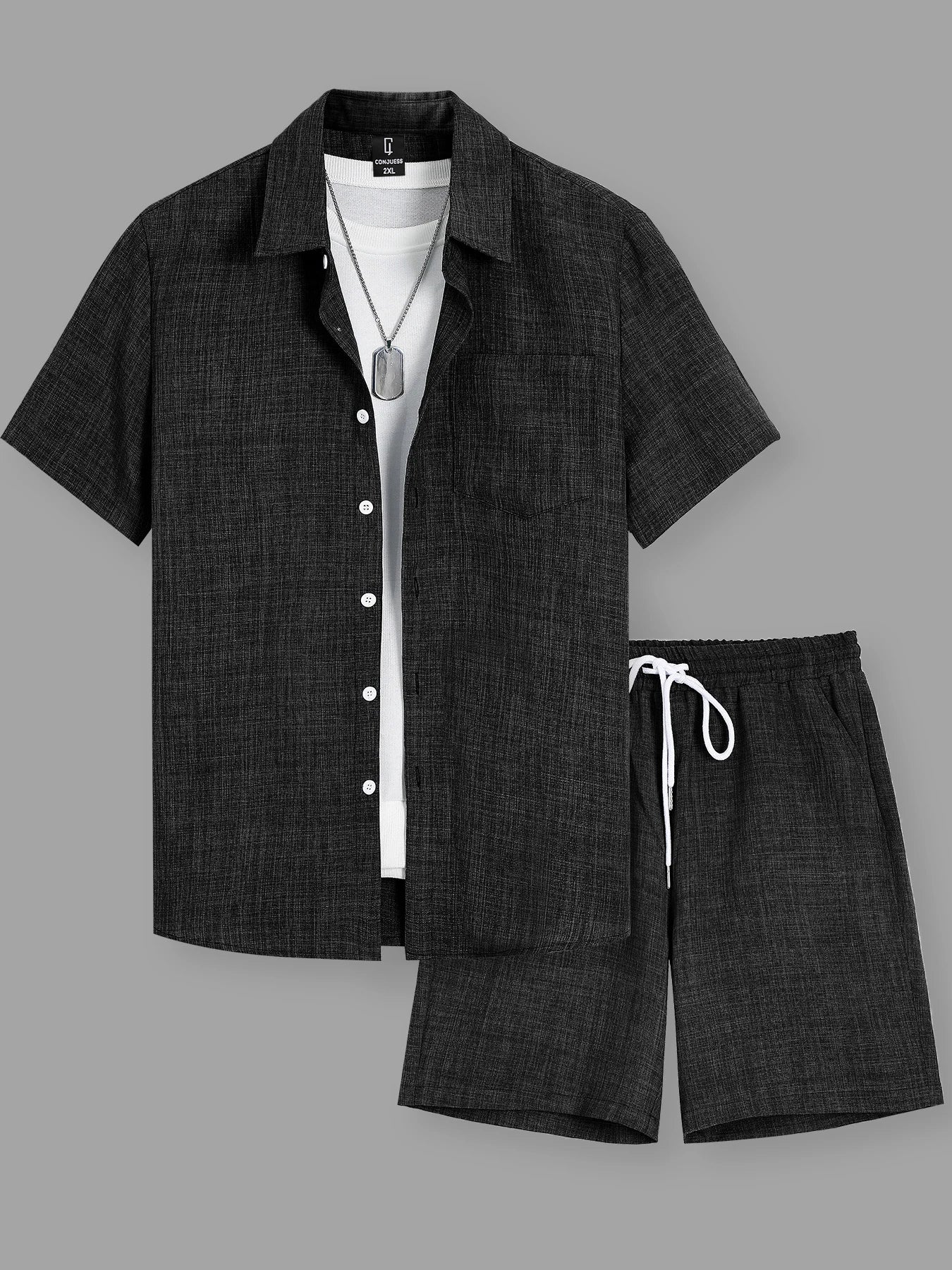 Plus Size Men's Minimal Textured Set, Single Pocket Linen Shirt & Matching Shorts for Casual Commute