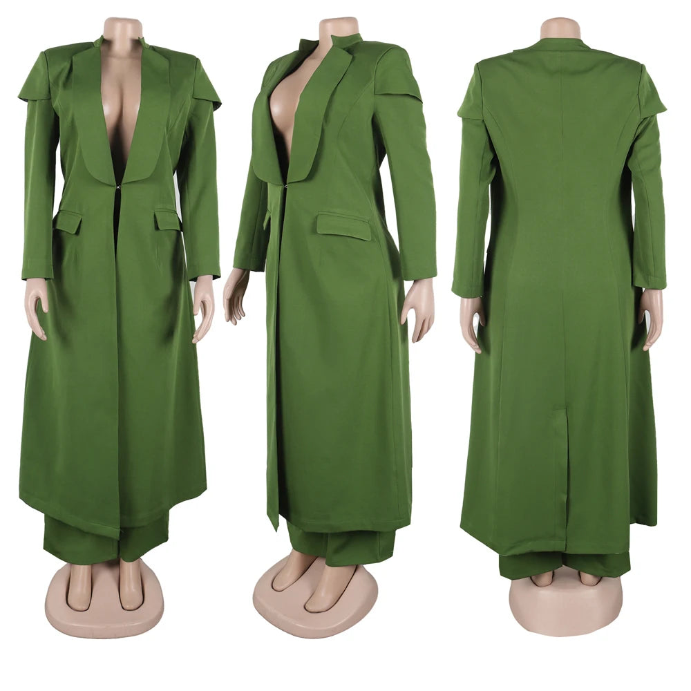 Streetwear Fashion X-Long Blazer Coat and Long Pants Suit 2 Two Piece Set for Women 2025 Spring African Work Business Outfits