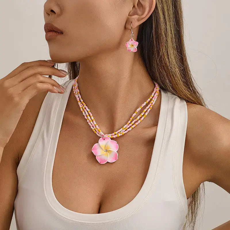Egg Flower Earrings Necklaces Set Pendant Bohemia Flower Necklaces Earrings Drop Earrings Choker Vacation Style Jewelry Girl