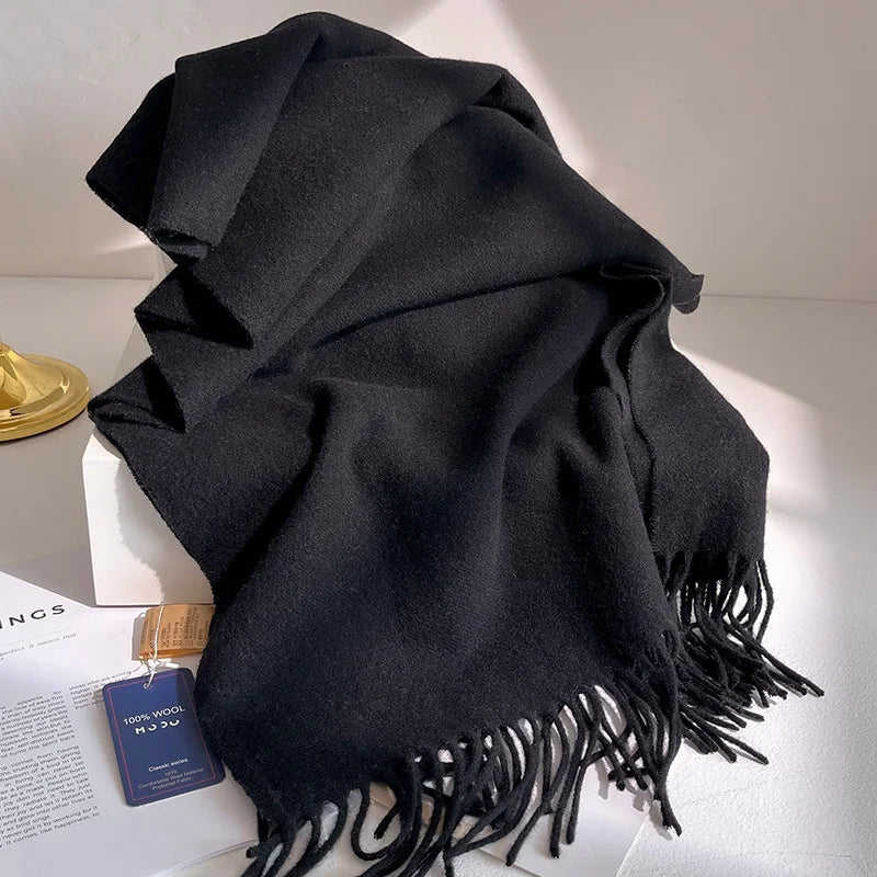 Fashion 100% Wool Scarf Soft Solid Color Scarf for Women Versatile Warm Winter Scarf Thicken Knitted Shawl Simple Tassel Scarves