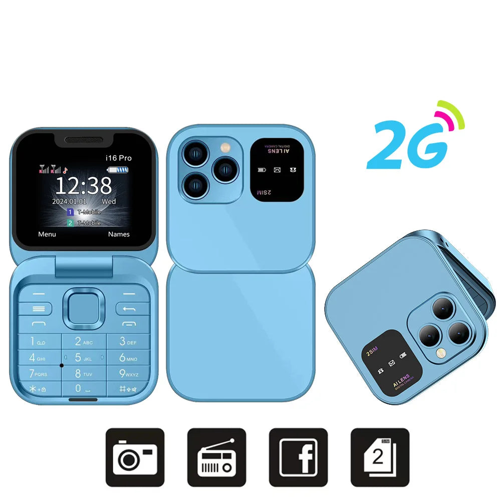 SERVO i16 Pro Mini Flip Mobile Phone Dual SIM Card Speed Dial Magic Voice Blacklist FM Radio 2G GSM Cute Foldable Cellular Phone