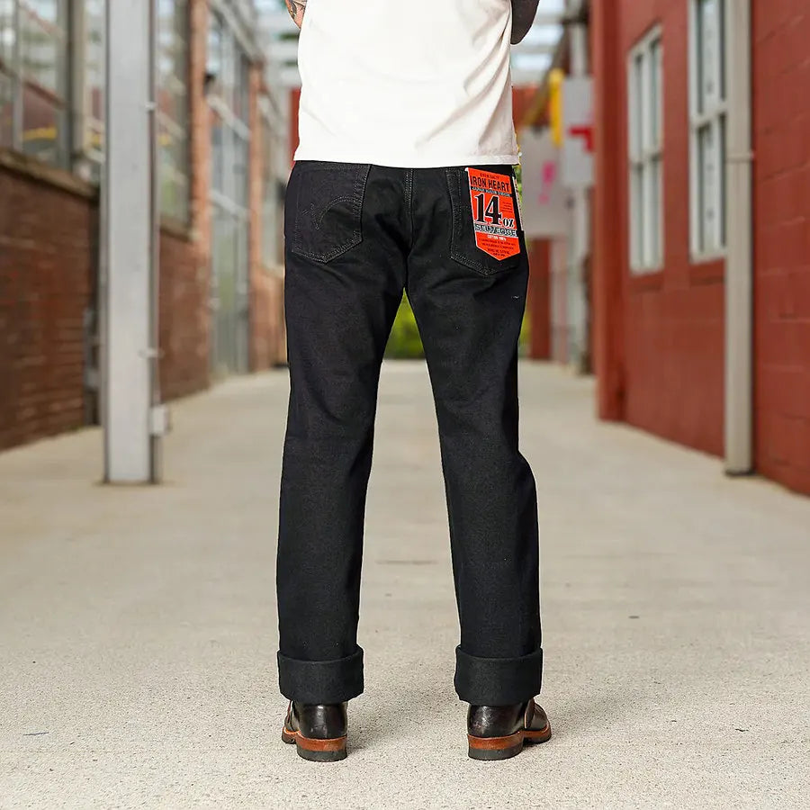 IRON HEART Indigo-Sulfide Black 634s Double Dyed 14oz Denim Jeans, One Wash