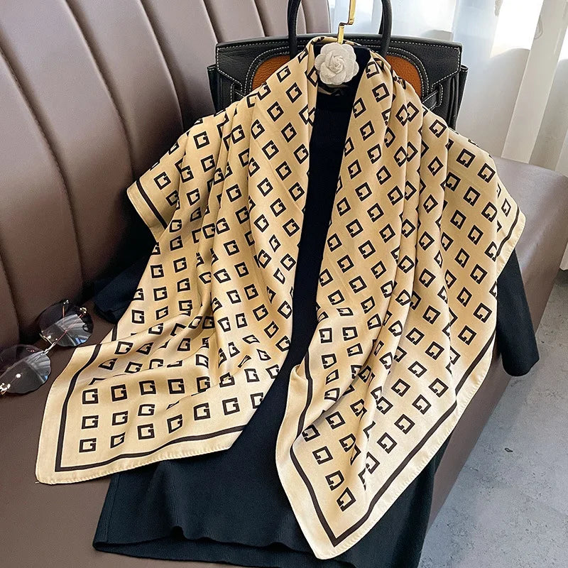 Luxury Letter Print Twill Silk Hair Hijab Scarf Women 90cm Sunscreen Shawl Wraps Headband Foulard Bandana Echarpe New
