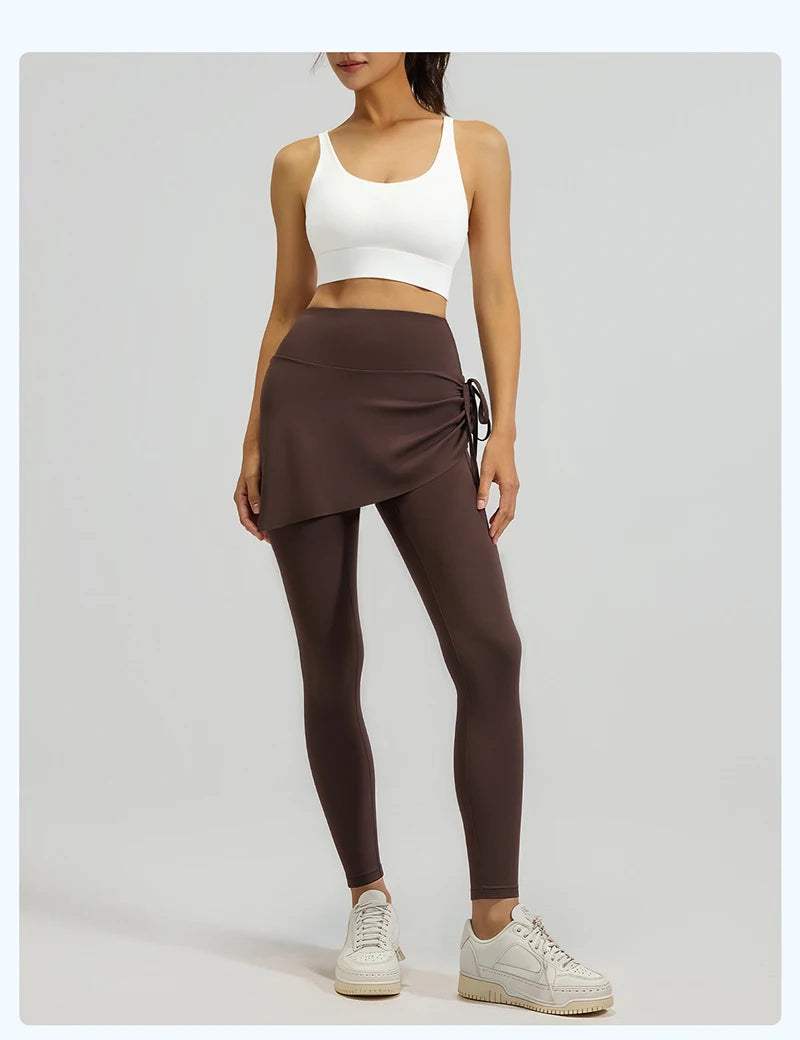 BIVIGAOS New Spring Drawstring Pleated Yoga Leggings Skirt Pants Fake Two Piece Women High Waist Elastic Sports Fitness Leggings