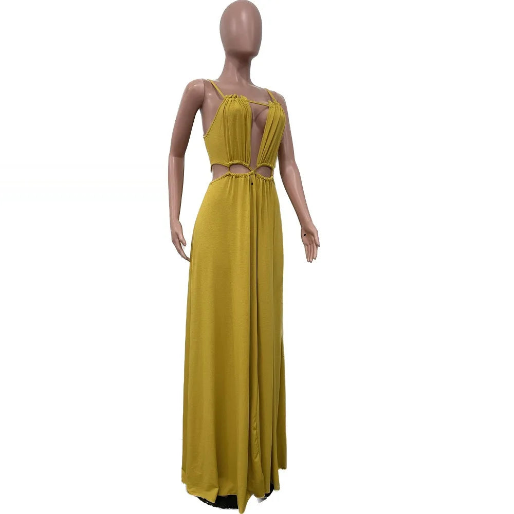 2025 Women's Dress Summer Holiday Solid Long Dresses Sexy Drawstring Lace Up Sleeveless Vestidos Para Mujer Club Party Outfits