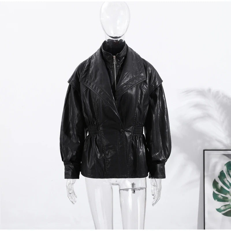 Faux Leather Jacket Women Turn-down Collar Zipper Front Puffy Sleeves Stylish Waist Cinching Coat 2025 Female Winter Outerwear
