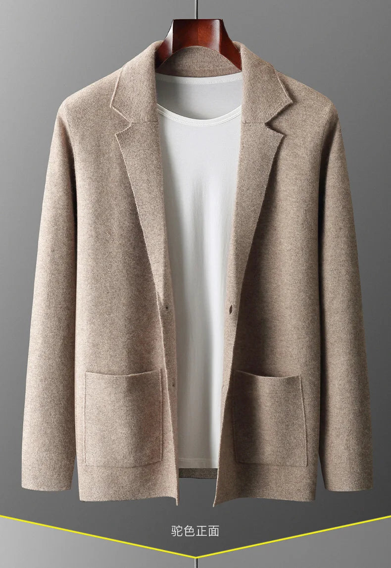 100% Pure Wool Cardigan Men's Spring And Autumn High-End Outerwear Sweater Casual Small Suit Jacket Olive Collar Sweater