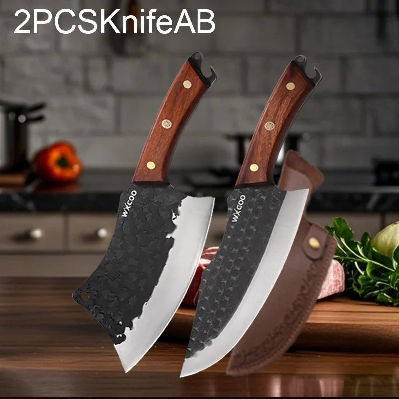 Kitchen Knife Supplies Forged Butcher Knife Fruit Slicing Bottle Opener Knife Multipurpose BBQ Cooking Chef Knife Wood Handle