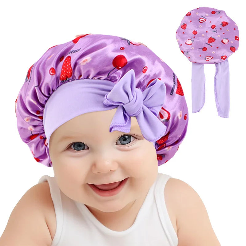 Adjustable Silky Satin Cap  Cartoon Baby Kids Print Satin Bonnet Sleep Hat Cap for Curly Hair
