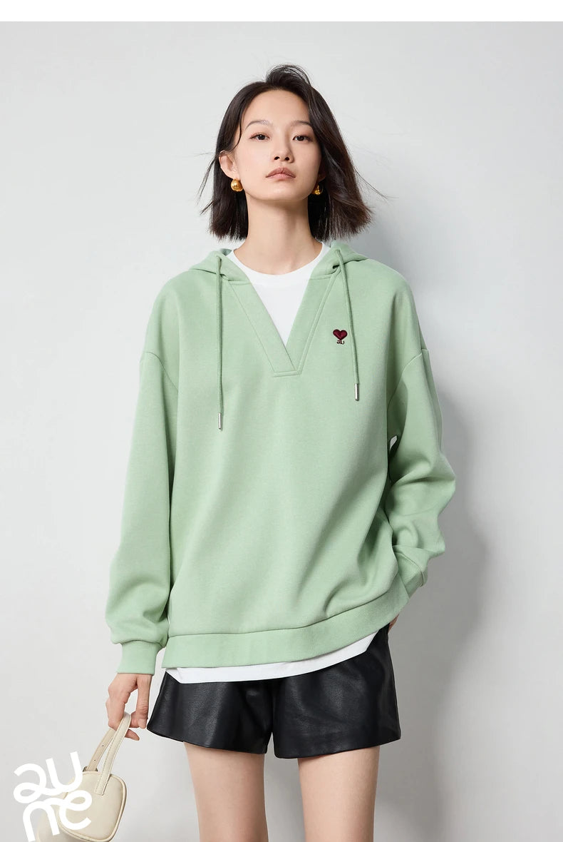 TOYOUTH Women Hoodies Sweatshirt 2024 Autumn New Heart Patter Embroidery Fake Two Piece Hooded Pullover Tops