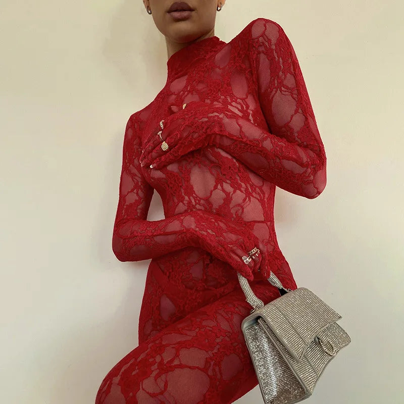 Mesh Sheer Hollow Out Long Sleeve Sexy See Through Skinny Exotic Jumpsuit Bodycon Summer Women Outfit Night Party with Gloves