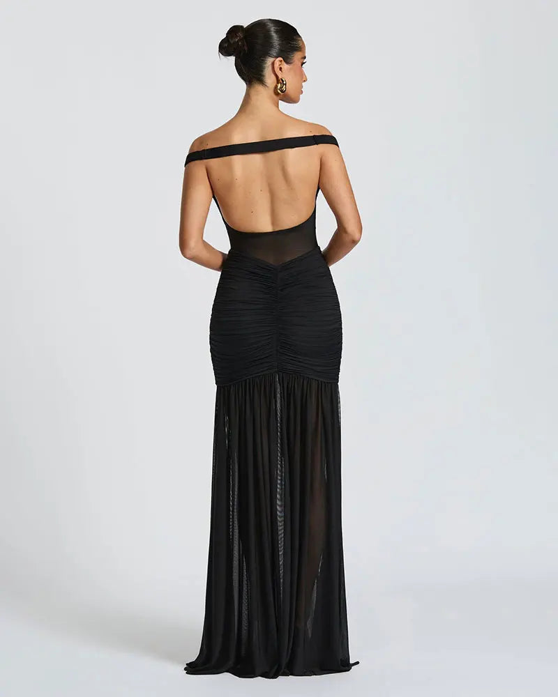 GACVGA Mesh Patchwork Sexy Bodycon Maxi Dress Women Draped Gown Summer Halter Backless Ruched High Split Club Party Long Dress