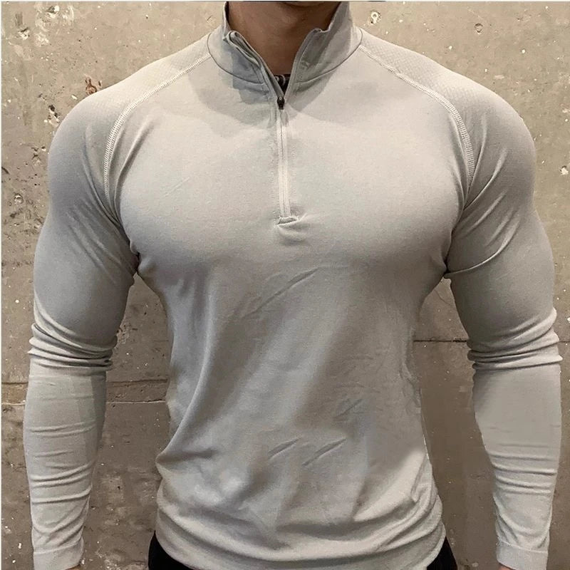 Men's Shark Quick-Dry Breathable Slim-Fit Half-Zip Training Top Long Sleeve Running T-Shirt Autumn Fitness Workout Baselayer