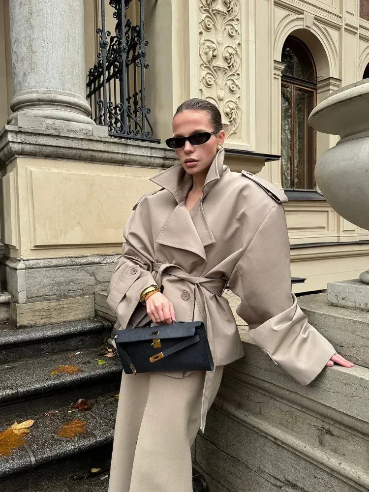 Solid Laepl Lace Up Trench Coat Women Fashion Full Sleeve Waist Cinching Short Windbreak 2025 New Autumn office commute outwear