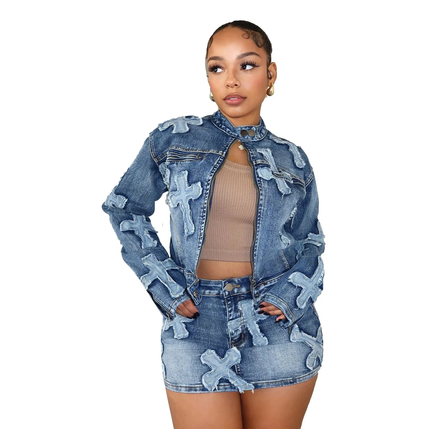 Spring New Denim Skirt Set F8505 Cross-Border Hot Sale Embroidered Short Skirt Jacket Set Cotton Knee-Length Women's Outfit