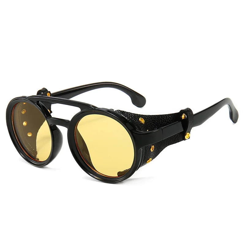 Steampunk Shields Sunglasses Men Women Classic Sun Glasses With Side Leather Round Eyewears Punk UV400 Lens