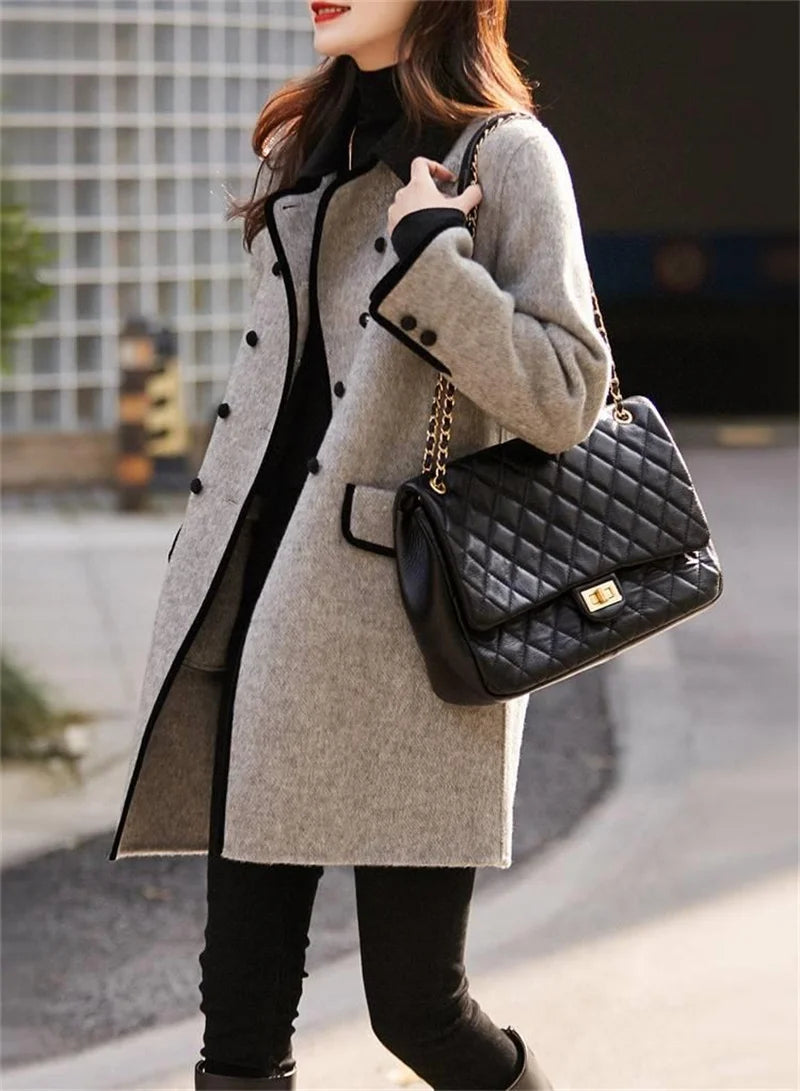 New High Quality Woolen Coat Female Autumn Winter Fashion Korean Slim Casual Versatile Style Contrast Color Wool Overcoat Women