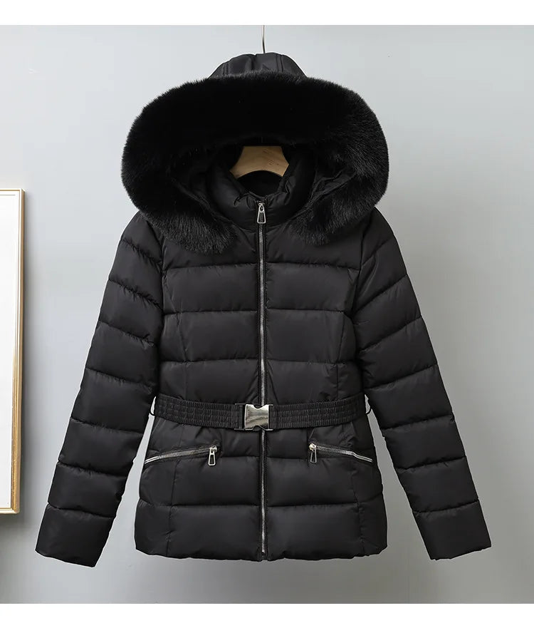 Winter Large Fur Coat Women With Belt Hooded Fur Collar Puffer Jacket Women New Warm Loose Parka Ladies Cotton Padded Overwear