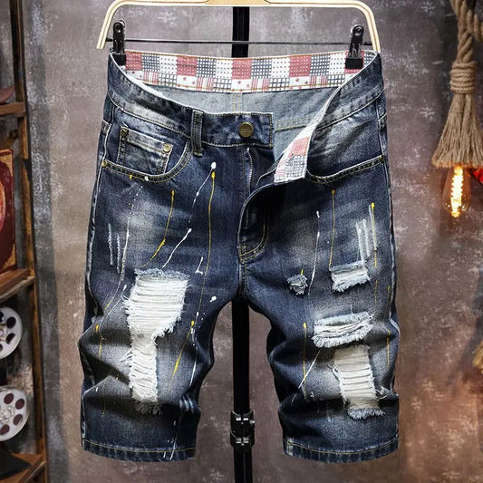 Plus Size 7XL 6XL Men's Summer Ripped Denim Shorts, Loose Straight-Cut, Painted Style, Fashionable Trendy Denim Cropped Pants