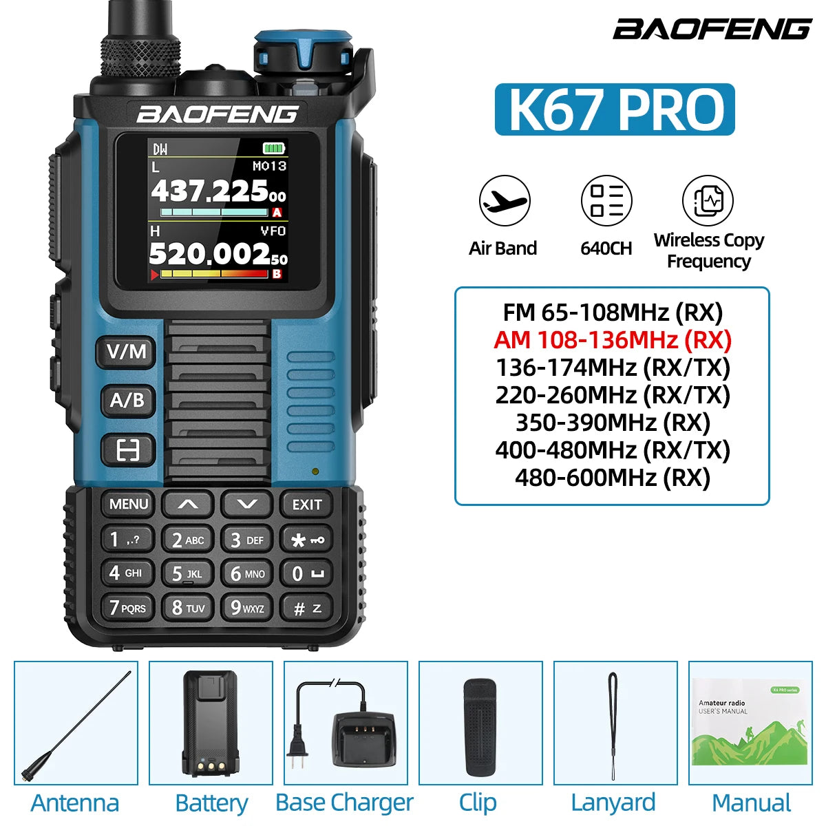 Baofeng UV-K67 PRO Walkie Talkie Long Range Multi Band Wireless Copy Frequency DTMF 640CH NOAA Type-C Ham Two Way Radio UV-5R
