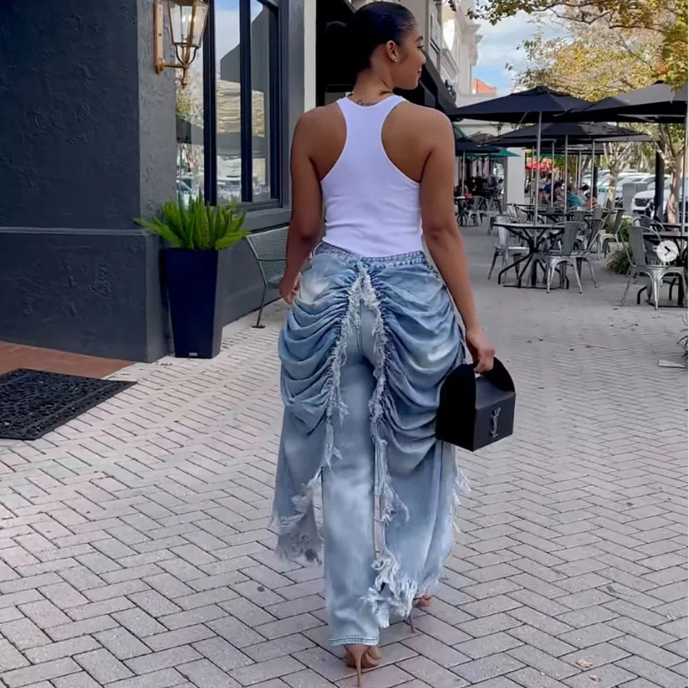 Women Solid Jeans Pants Denim Pleated Trousers Fuzzy Edge Full Lenth Mid Waist Zipper Straight Y2k Streetwear Casual 2026 Spring