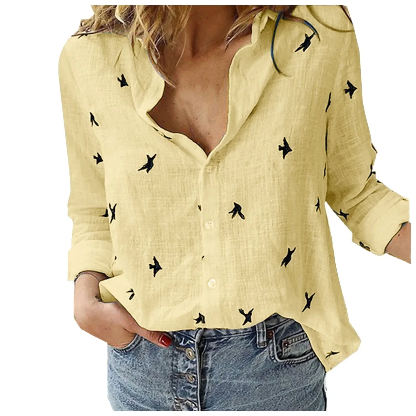 Korean Fashion Blue Pink Lapel Shirt Women'S Summer Thin Cool Cotton Linen Shirt French Elegant V-Neck Long Sleeve Shirt Lady