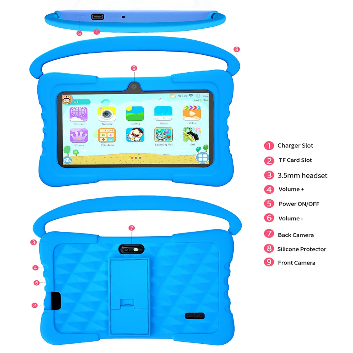 BDF-K3 Kids 7 Inch Android Tablets Quad Core 4GB+64GB ROM Cartoon Portable with Kids-Proof Protective Case Best Gift for Childre