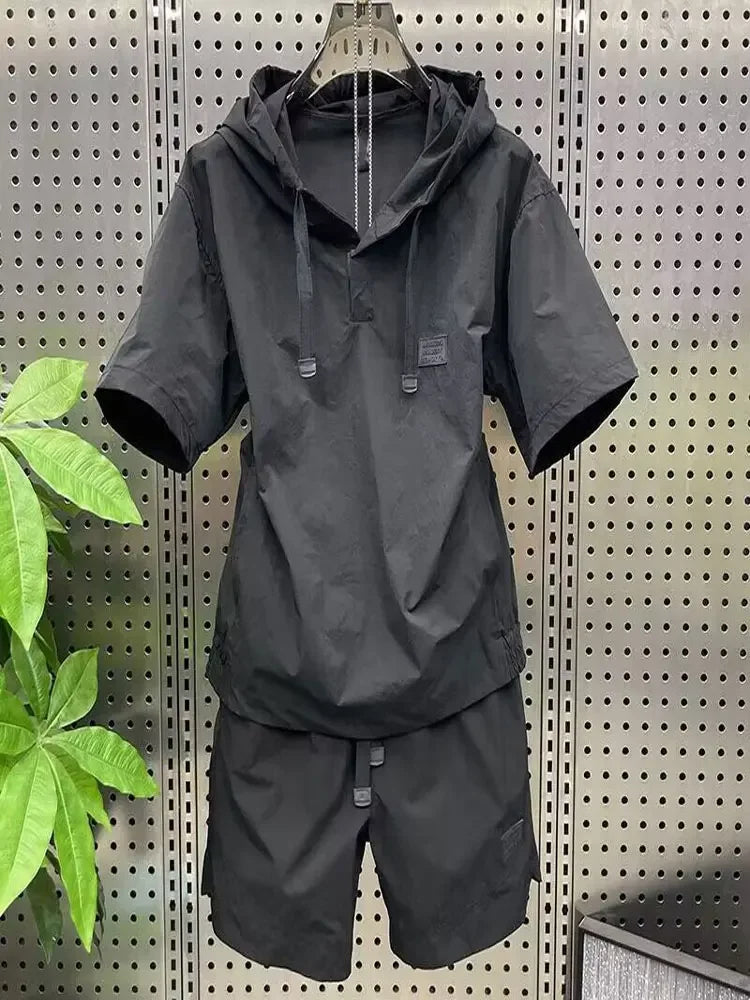 Summer Thin Breathable Sunscreen Men Hooded Short Sleeve Top And Shorts Two Piece Set  Hoodie Suits Casual Loose Outfits Outwear