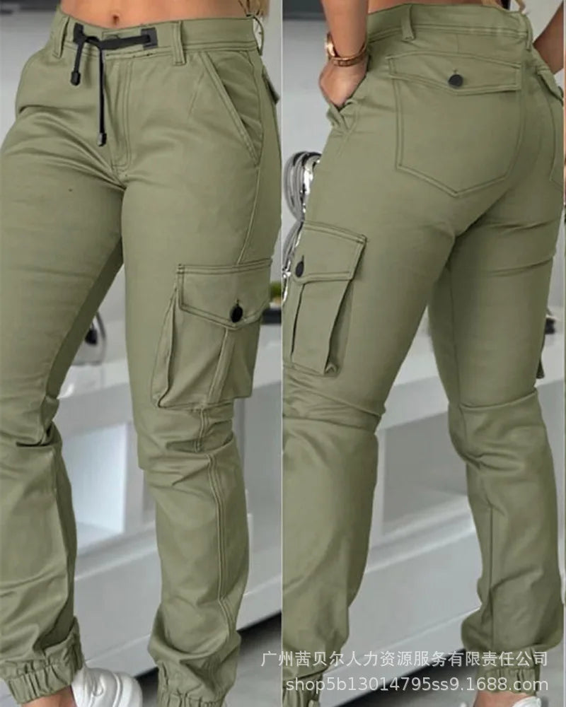 Women High Waist Multiple Pockets Design Cuffed Cargo Pants Slim Fit Trousers Pants Y2K