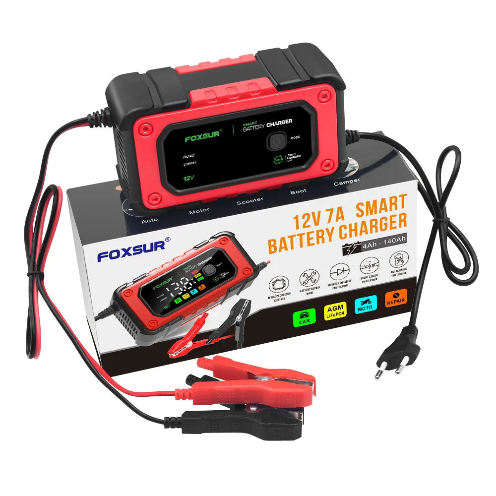 EAFC 12V 7A Car Battery Charger Smart Multiple Protection AGM Lithium Iron Lead-acid Charger for Car SUV RV Motorcycle Truck