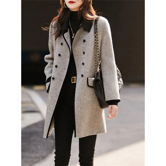 New High Quality Woolen Coat Female Autumn Winter Fashion Korean Slim Casual Versatile Style Contrast Color Wool Overcoat Women