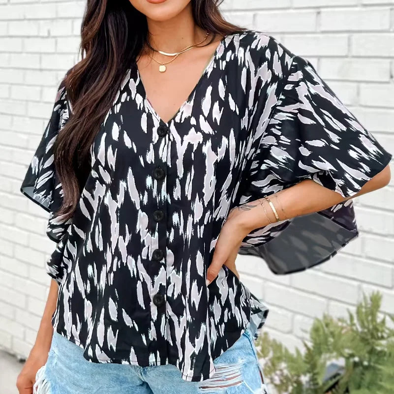 Plus Size Women's Shirt, Spotted Printed Cardigan Button V Neck Top. Casual and Fashionable Summer Clothing