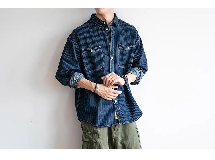 Retro Striped Loose Fit Long Sve Collared Men's Denim irt Spring Faion Workwear Jaet Youthful Wear Resistant Chinese...