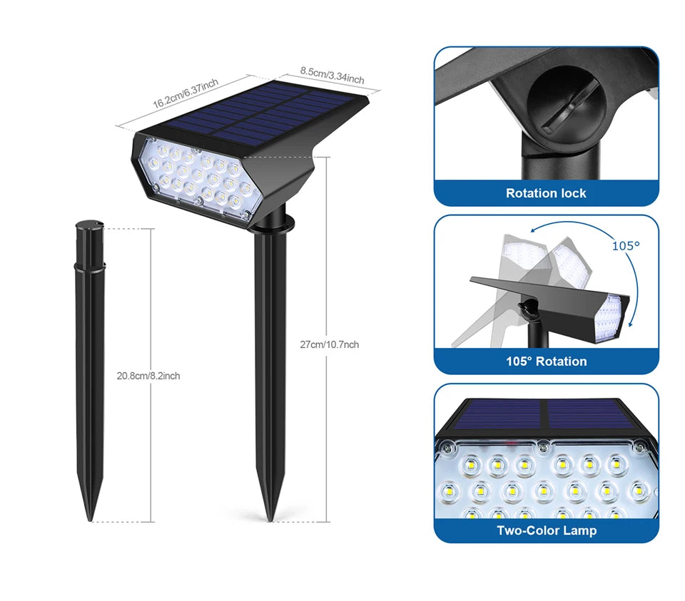 Dimmable LED Solar Spotlight With Monocrystalline Silicon Solar Panel Fast Charge For Outdoor Landscape Wall Pathway Garden Yard