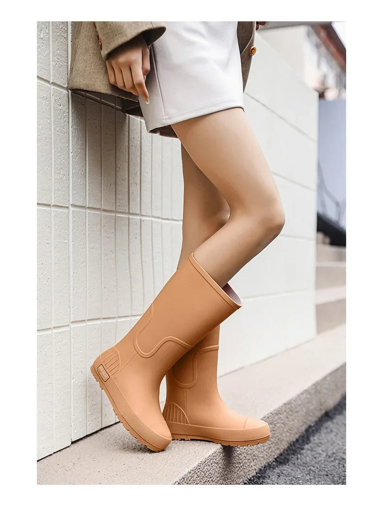 Women's High-Top Rain Boots Spring Autumn Waterproof Slip-Resistant Long Tube Shoes for Outdoor Work PVC Material Knee-High
