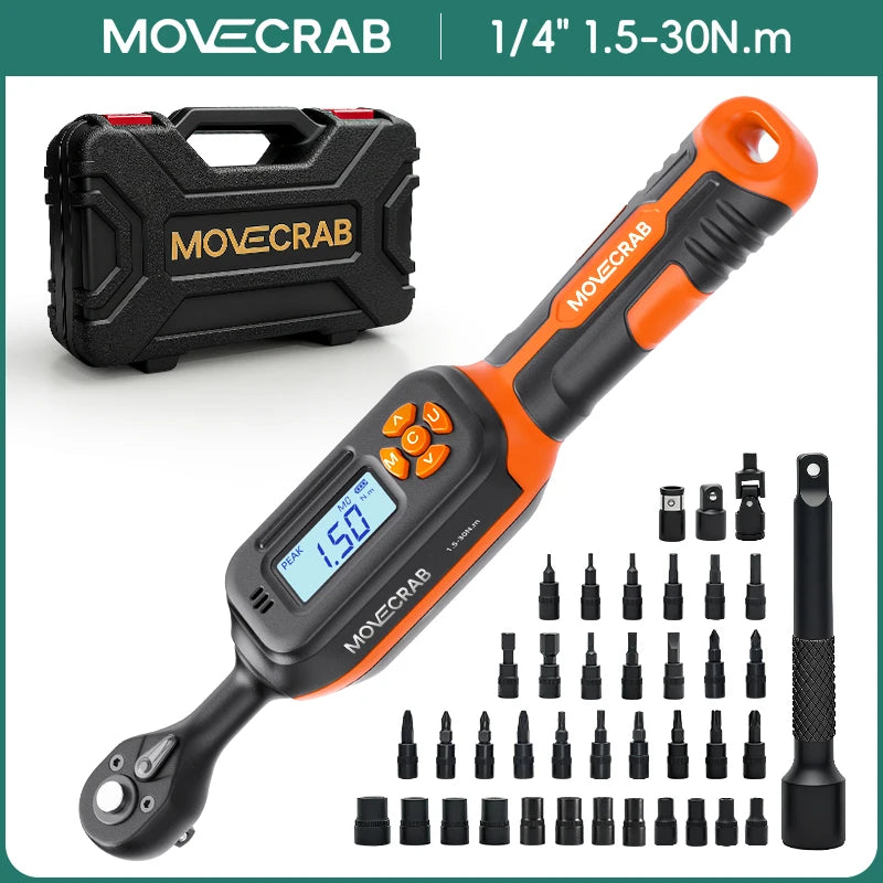 MOVECRAB 40Pcs Bike Digital Torque Wrench Set, 1/4-Inch Drive 1-22 Ft.lb/1.5-30 N.m with Bits & Sockets for repairing Bike