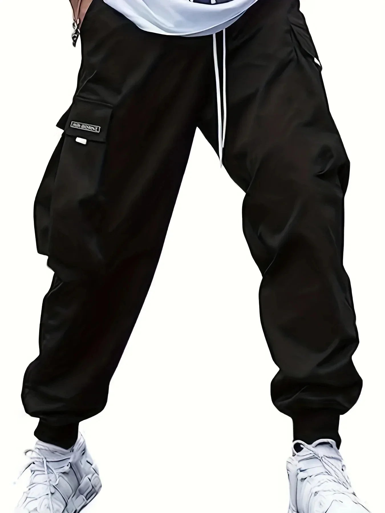 Plus Size Solid Color Spring Summer Men Casual Drawstring Cargo Pants Pockets Black Loose Out Door Elasticity Oversize Pants