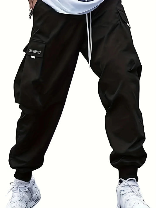 Plus Size Solid Color Spring Summer Men Casual Drawstring Cargo Pants Pockets Black Loose Out Door Elasticity Oversize Pants