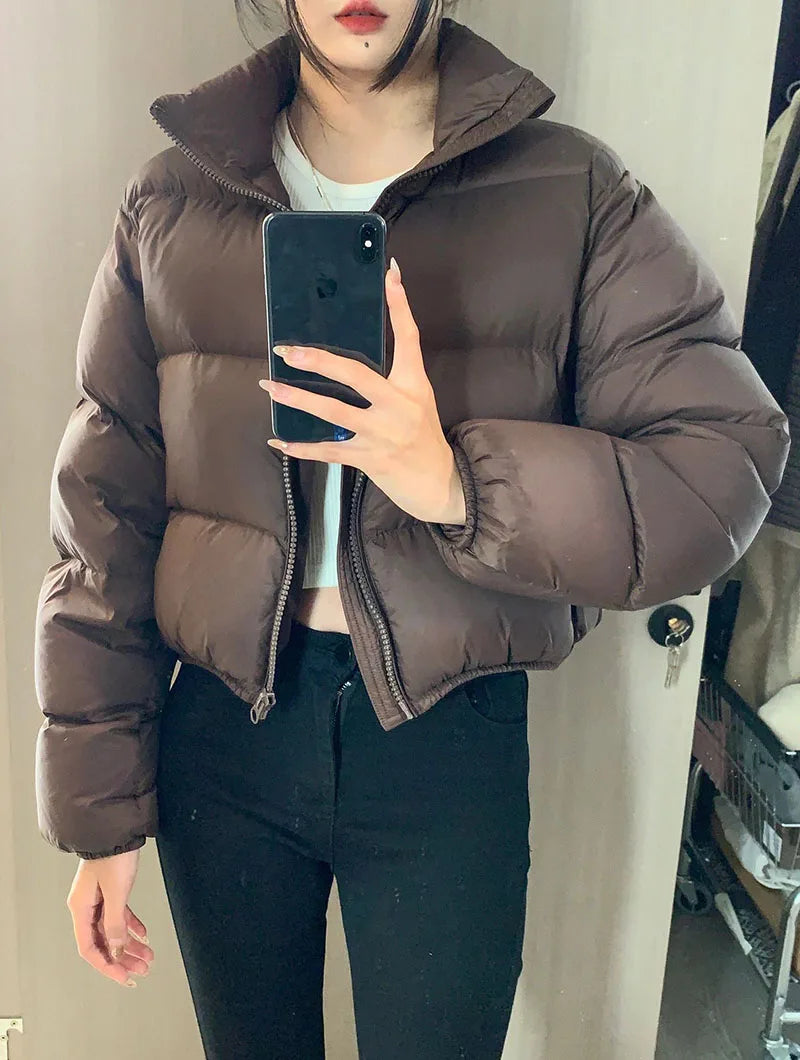 Casual Cropped Parkas for Women Winter New Loose Stand Collar Thick Warm Quilted Jacket Versatile Zipper Long Sleeve Bread Coat