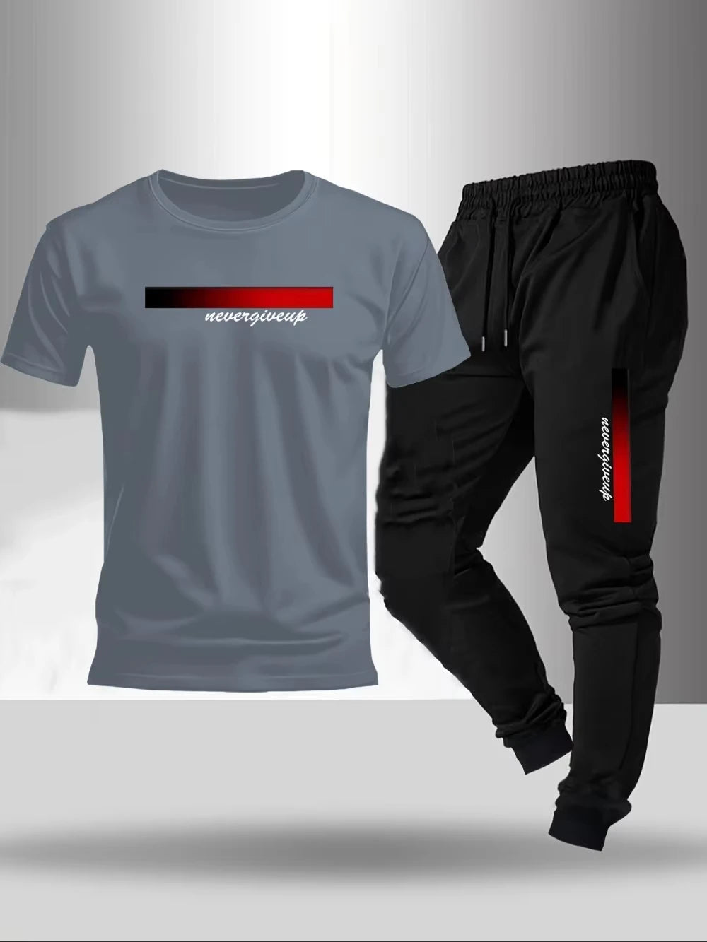 2026 New men's fashionable letter gradient printed breathable T-shirt and drawstring pants set suitable for outdoor casual wear