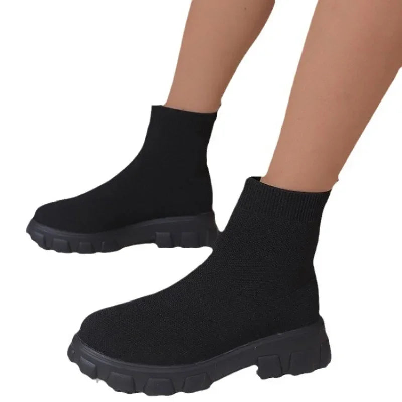 Mesh Women's Ankle Boots Fashion Women's Sock Boots Comfortable Breathable Slip-on Womens Boots High-top Women Thick-soled Shoes