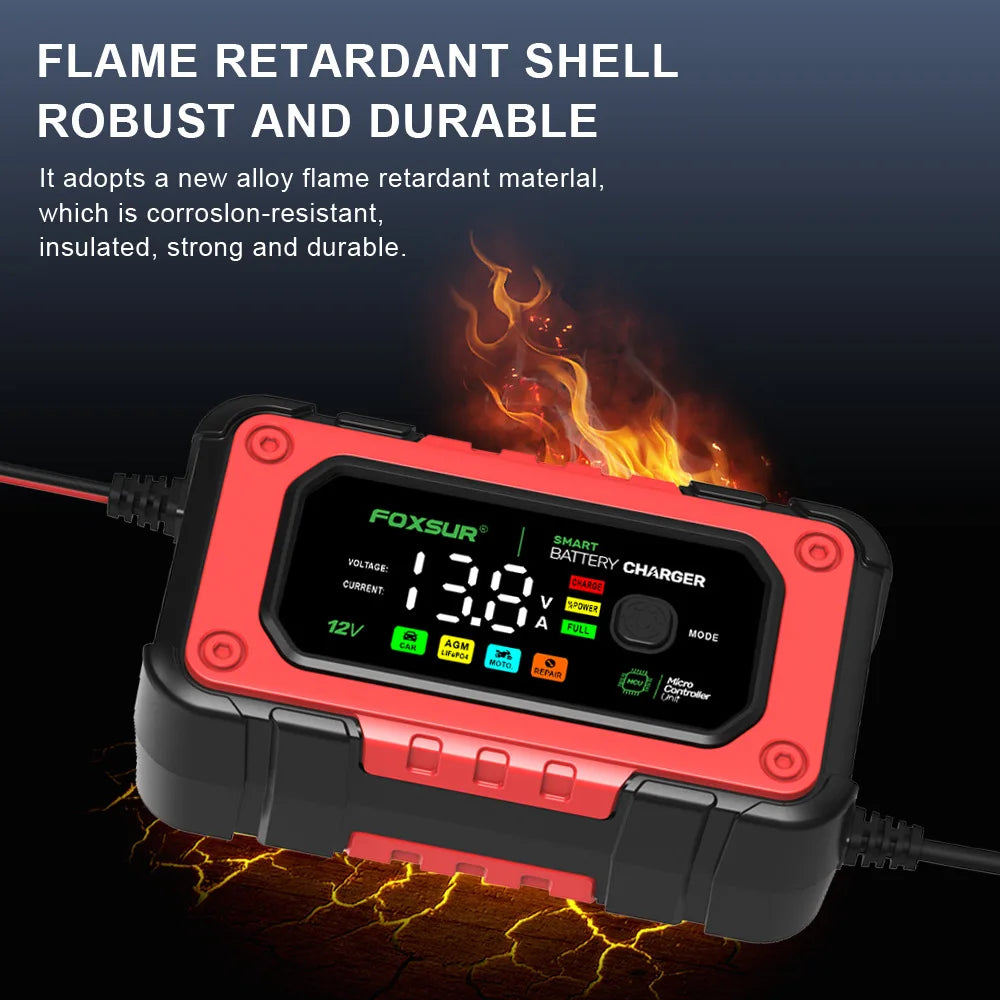 EAFC 12V 7A Car Battery Charger Smart Multiple Protection AGM Lithium Iron Lead-acid Charger for Car SUV RV Motorcycle Truck