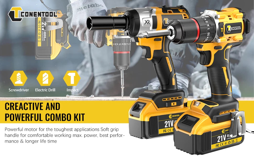CONENTOOL 420N.m Brushless Electric Impact Wrench Screwdriver Power Tool Combination Drill Driver Set with LED Light 2pc Battery