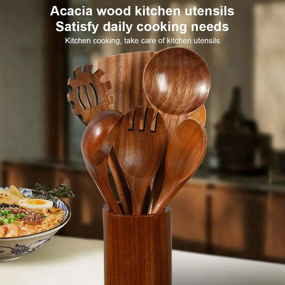 Wooden Spoons for Cooking, Acacia Wood Cooking Utensils Set Wooden Kitchen Tools Spoon Rest Nonstick Cookware Kit Safe